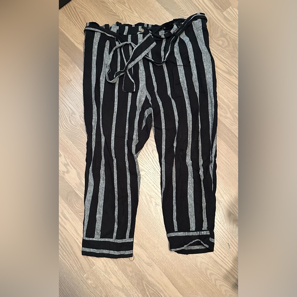 Striped linen blend pants paper bag waist with tie plus size women’s 18